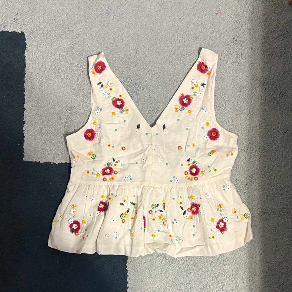 J. Crew Floral Embroidered Cream Top